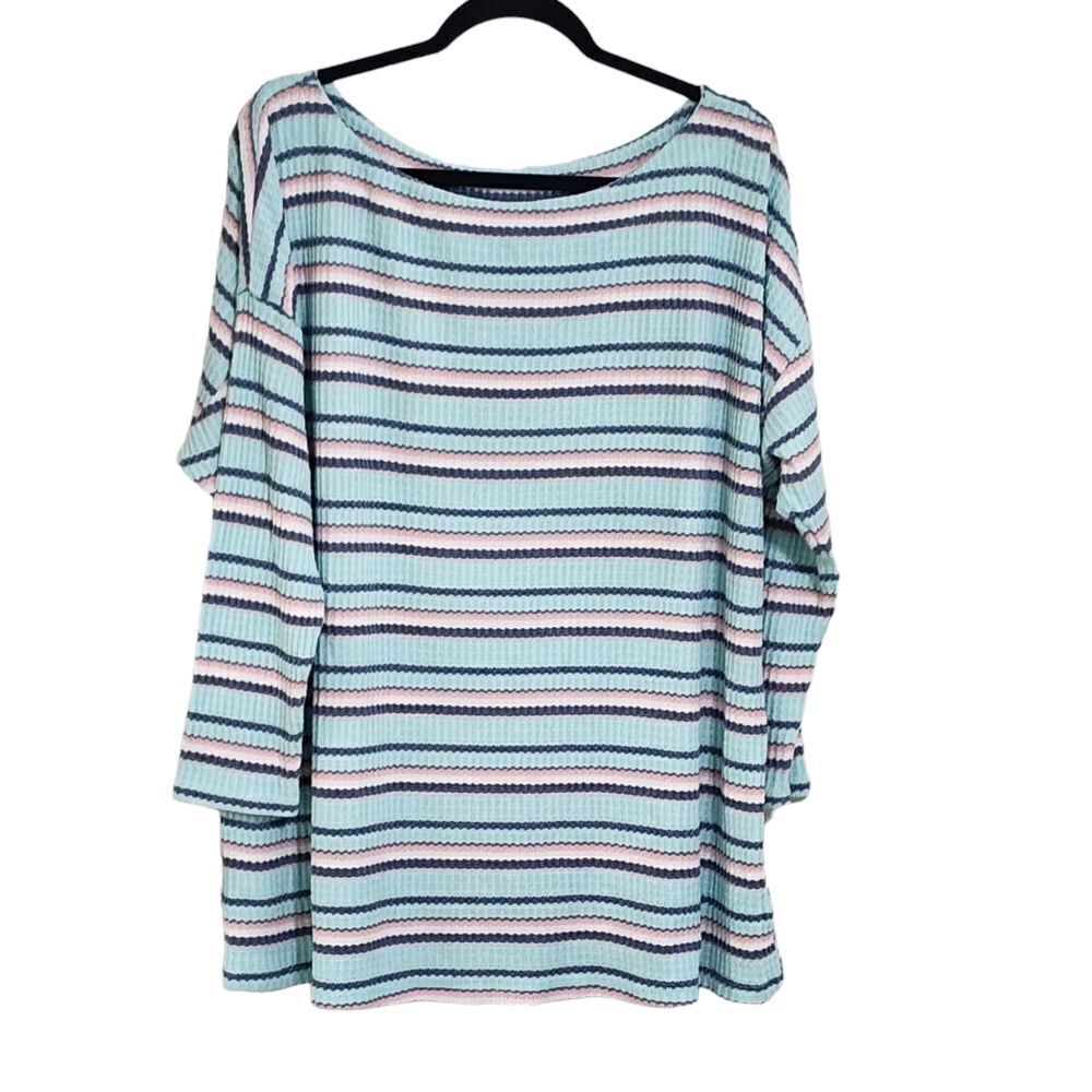 Lane Bryant top 2X blue & pink striped waffle weave